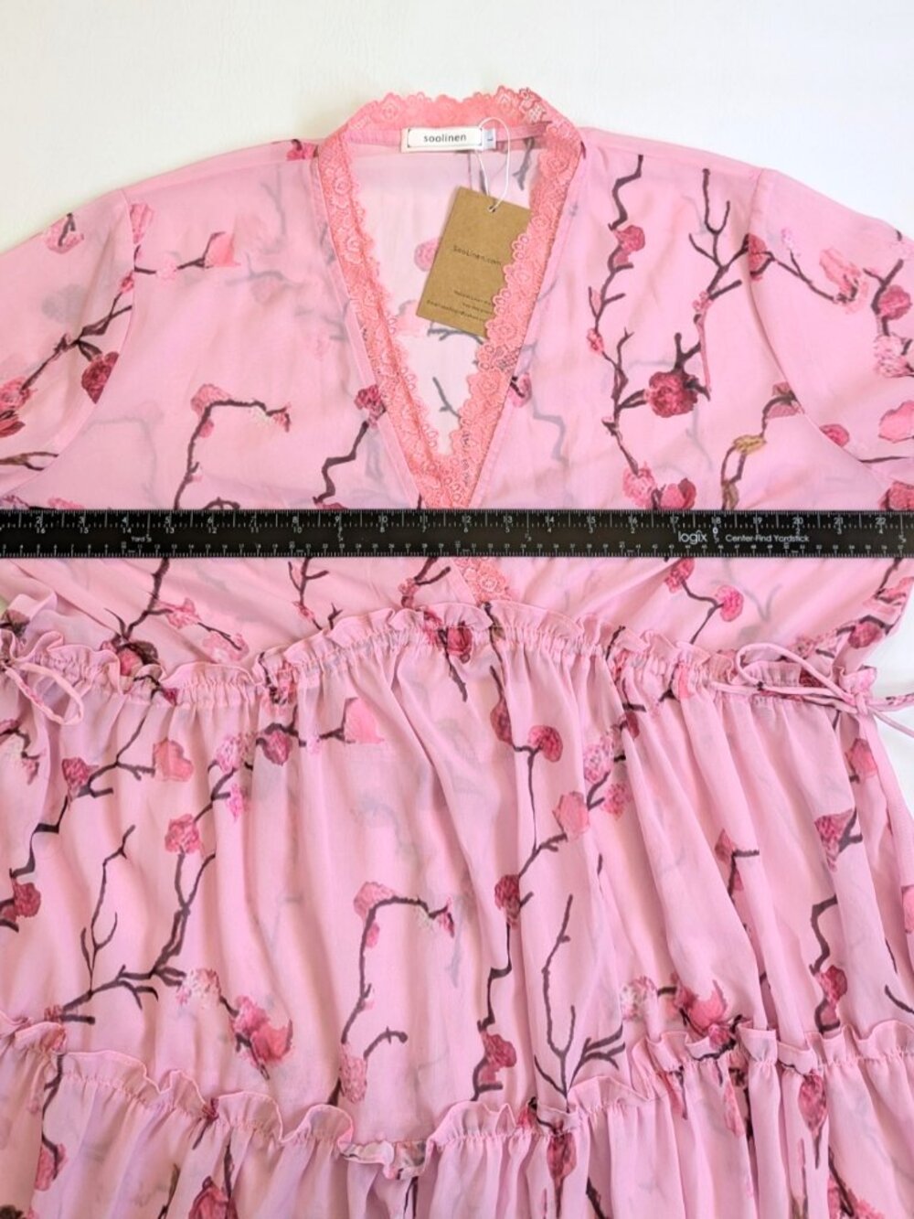 Nwt Soolinen Sheer Tiered Chiffon Midi Dress Pink Floral Dress L Coquette — image 6 of 8